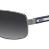 Sonnenbrille mit Doppelbrücke und blauen Bügeln
