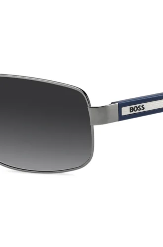 Sonnenbrille mit Doppelbrücke und blauen Bügeln