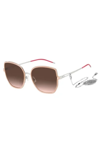 Sonnenbrille mit nudefarbenem Rahmen, gegabelten Bügeln und Marken-Kette