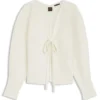 Strickjacke aus Rippstrick mit Bindeband vorne und Ballonärmeln