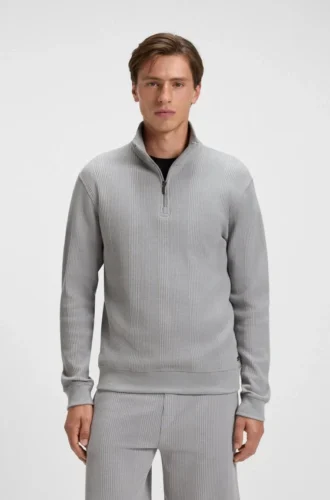 Sweatshirt aus Baumwollmischung mit Reißverschluss am Kragen und Waffelstruktur