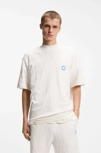 T-Shirt aus Baumwollfrottee mit „Happy HUGO“-Aufdruck