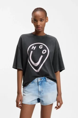 T-Shirt aus Baumwolljersey mit „Happy HUGO“-Print im Melted-Effekt