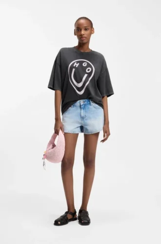 T-Shirt aus Baumwolljersey mit „Happy HUGO“-Print im Melted-Effekt