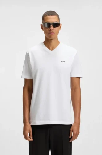 T-Shirt aus Stretch-Baumwolle in Regular-Fit mit kontrastierendem Logo