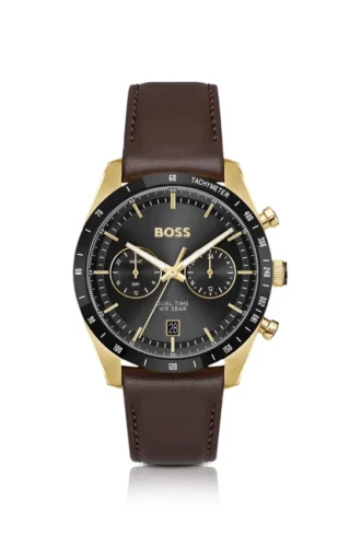 Tourmaster-Uhr in Goldoptik mit braunem Lederarmband