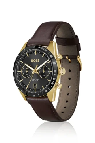 Tourmaster-Uhr in Goldoptik mit braunem Lederarmband