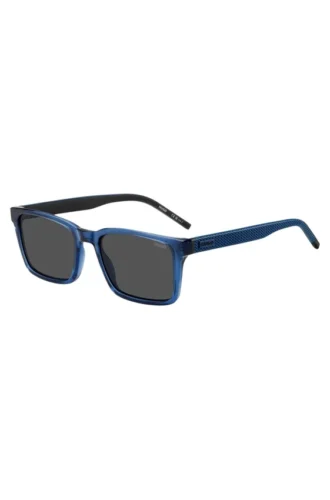 Transparent-blaue Sonnenbrille mit gemusterten Bügeln