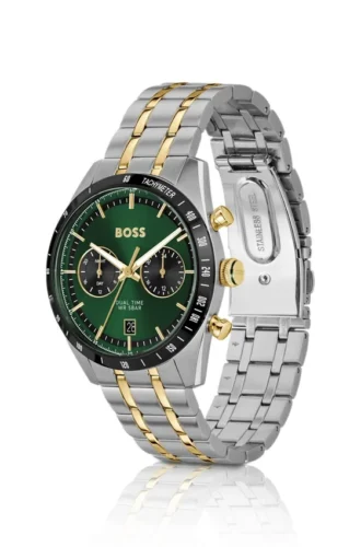 Uhr mit grünem Zifferblatt und goldfarbenem Armband