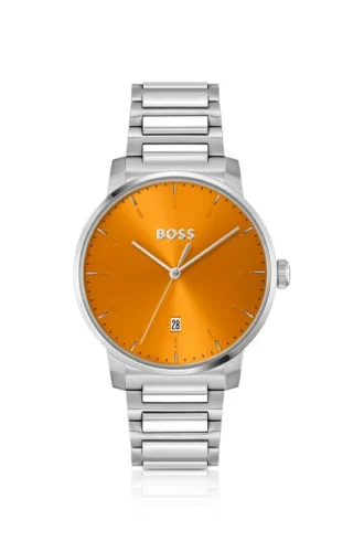 Uhr mit H-Glied-Armband und gebürstetem orangefarbenem Zifferblatt