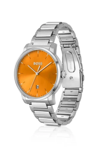 Uhr mit H-Glied-Armband und gebürstetem orangefarbenem Zifferblatt