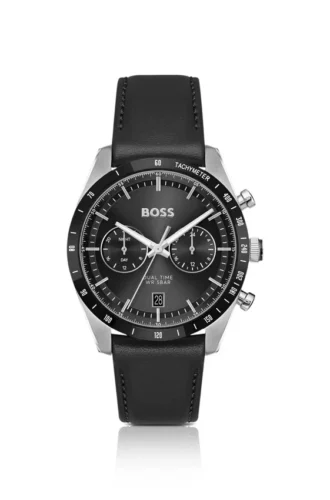 Uhr mit Lederarmband und schwarzem Zifferblatt