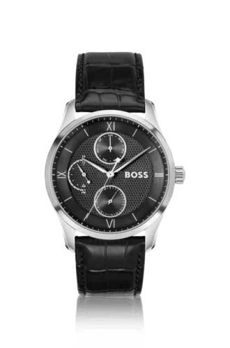 Uhr mit Lederarmband und schwarzem Zifferblatt