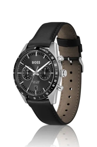 Uhr mit Lederarmband und schwarzem Zifferblatt