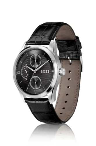 Uhr mit Lederarmband und schwarzem Zifferblatt