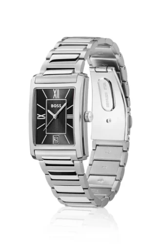 Uhr mit schwarzem Zifferblatt und goldfarbenem Armband