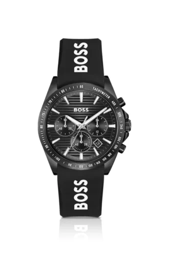 Uhr mit Silikonarmband und schwarzem Zifferblatt