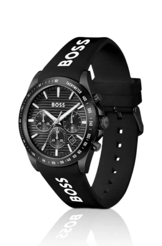 Uhr mit Silikonarmband und schwarzem Zifferblatt