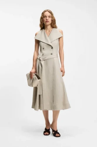 Zweireihiges Wickelkleid aus einer Leinenmischung mit Fischgrätenmuster